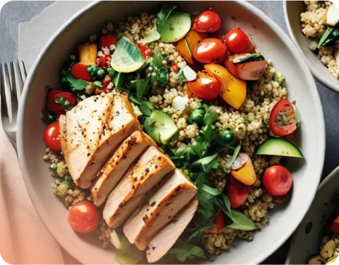 Quinoa tabbouleh with grilled veg and lemon-herb chicken