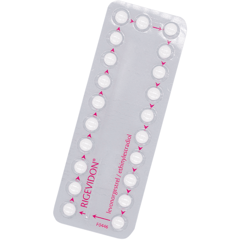 Blister strip of Rigevidon tablets placed diagonally