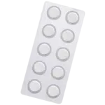 Silver blister pack containing 10 round medicine tablets