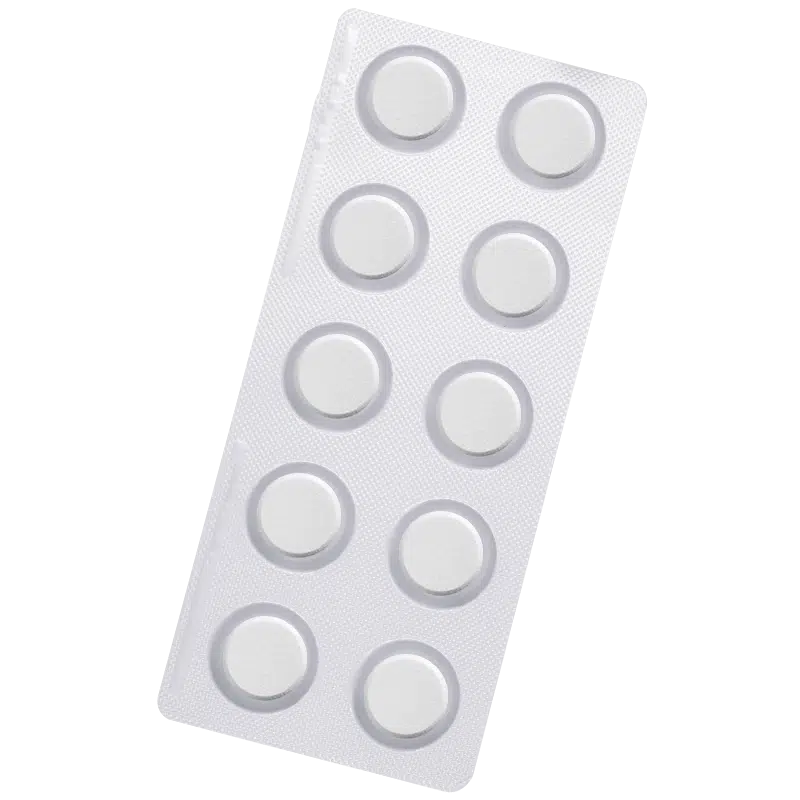 Silver blister pack containing 10 round medicine tablets