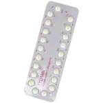 Silver Gedarel blister pack containing 21 round white tablets labelled with days and arrows