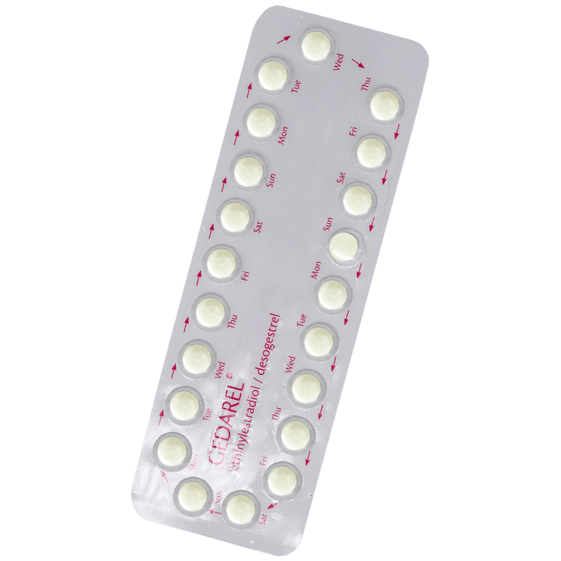 Silver Gedarel blister pack containing 21 round white tablets labelled with days and arrows
