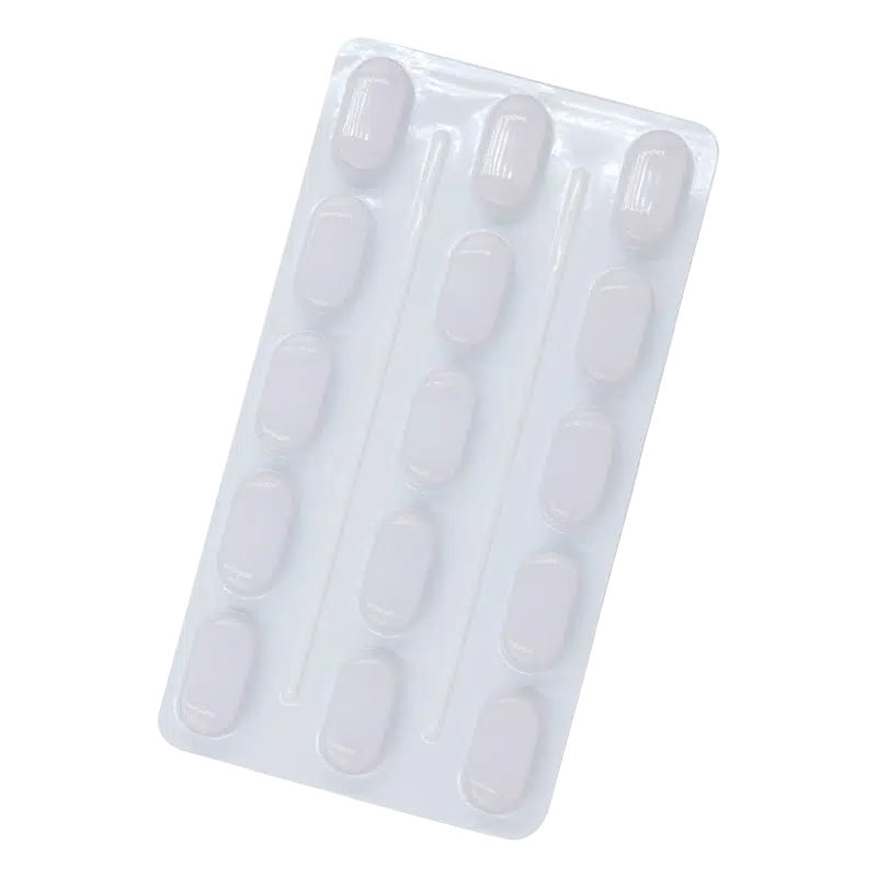 White blister pack containing 15 long tablets