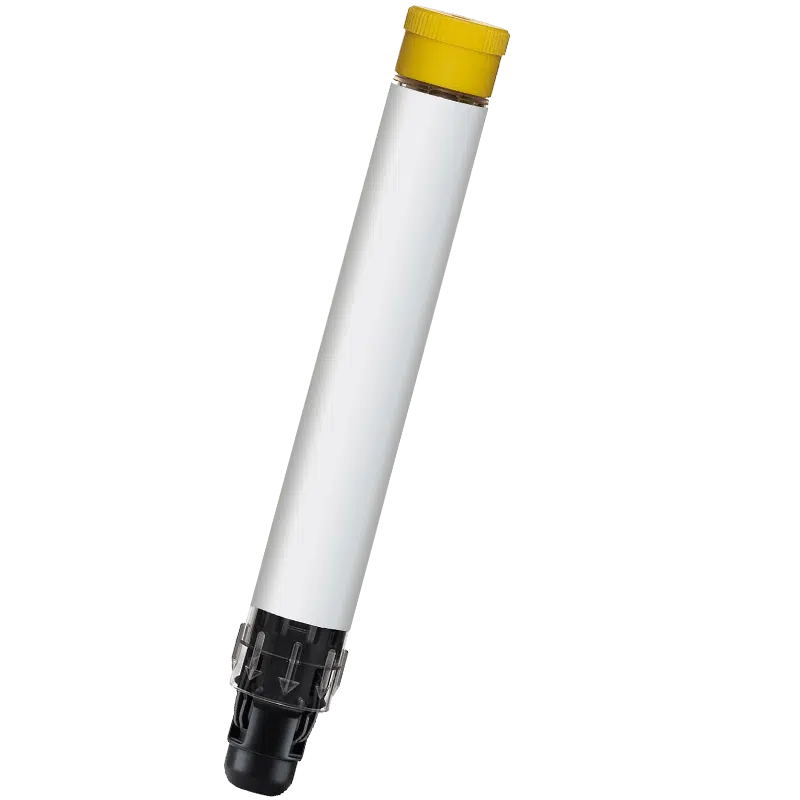 White auto-injector pen with yellow cap and black base
