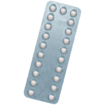 Silvery blue Katya blister pack containing 21 round white tablets