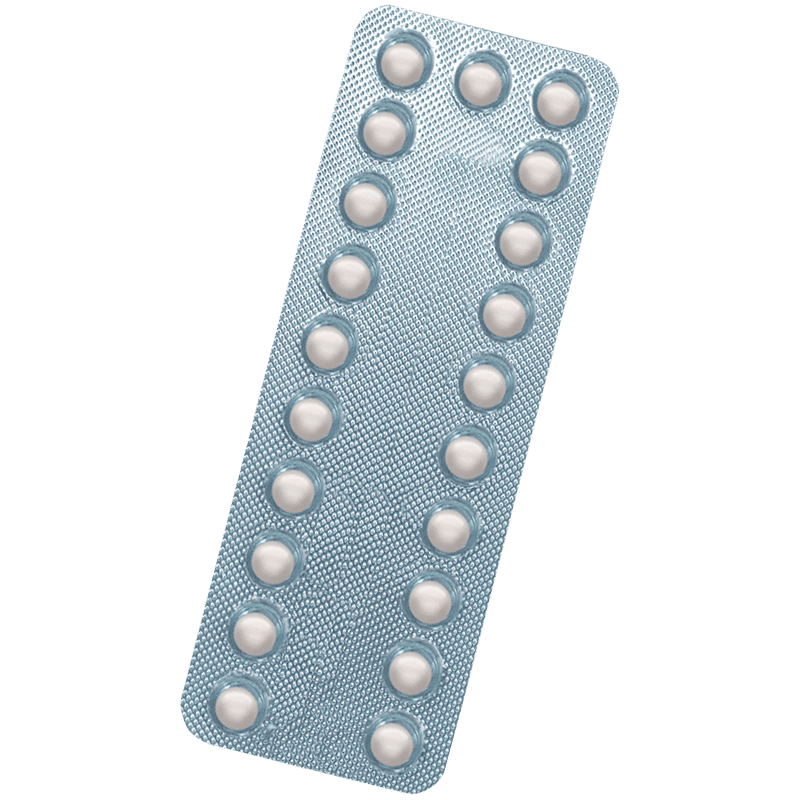 Silvery blue Katya blister pack containing 21 round white tablets