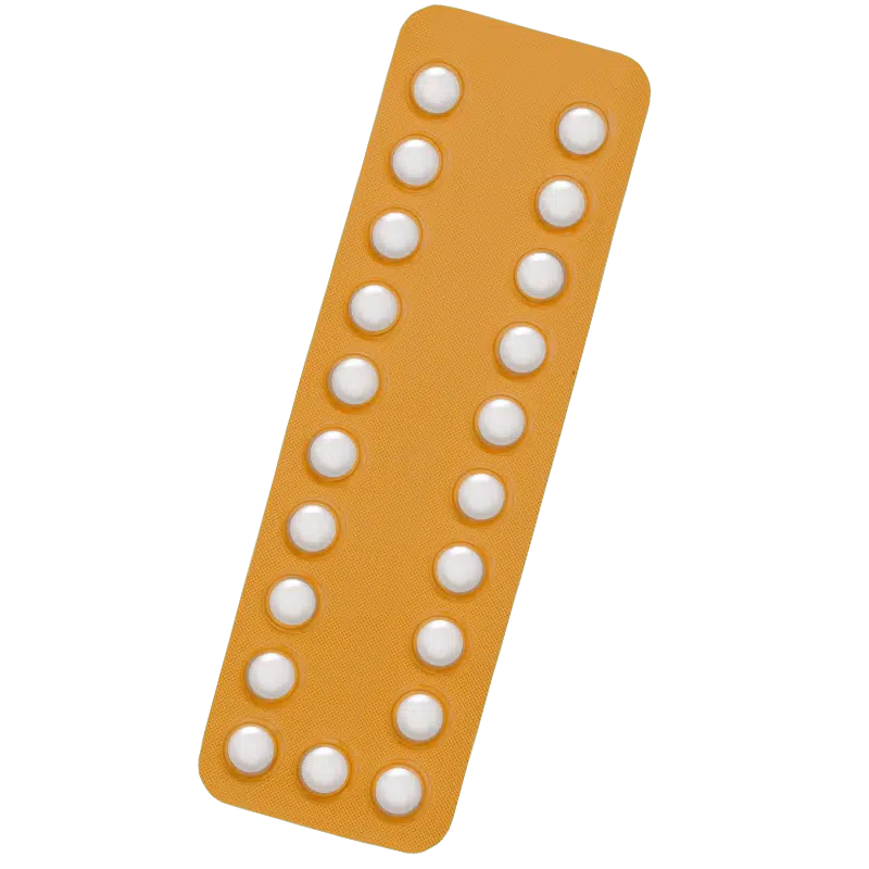 Orange blister pack containing 21 round white tablets