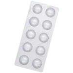 Silver blister pack containing 10 small white round tablets