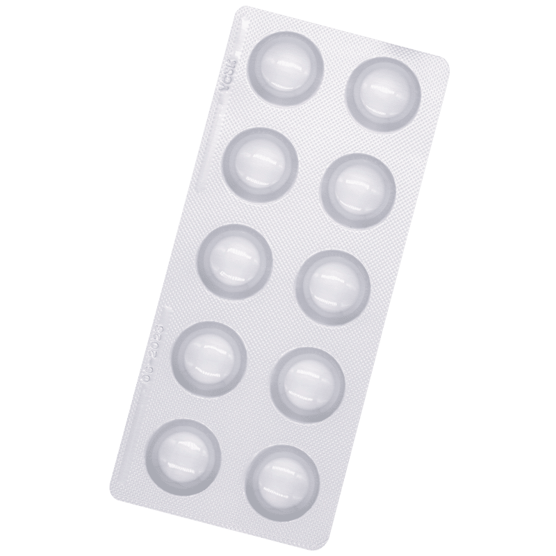 Silver blister pack containing 10 small white round tablets