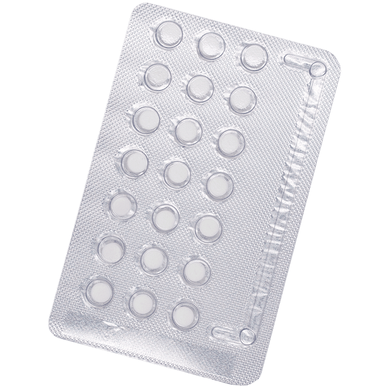Silver blister pack containing 21 round white tablets