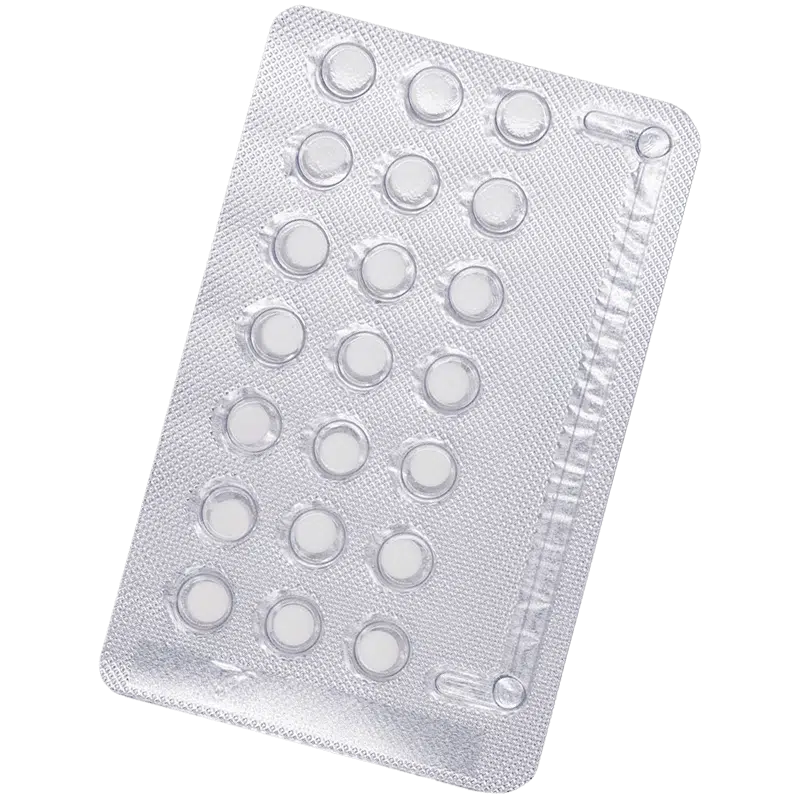 Silver blister pack containing 21 round white tablets