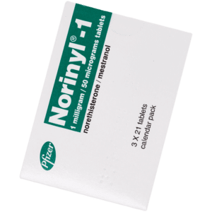 White and green box of norinyl-1 tablets