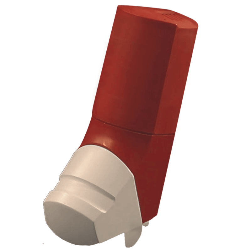 Red Qvar Easi-Breathe inhaler with white cap at the bottom