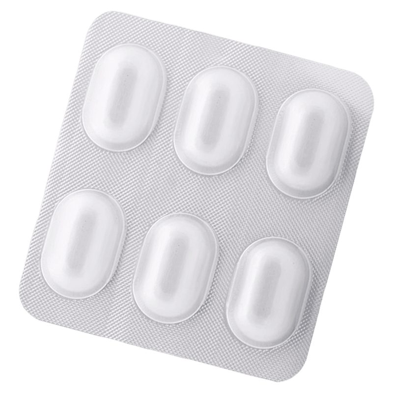 Silver blister pack containing 6 tablets