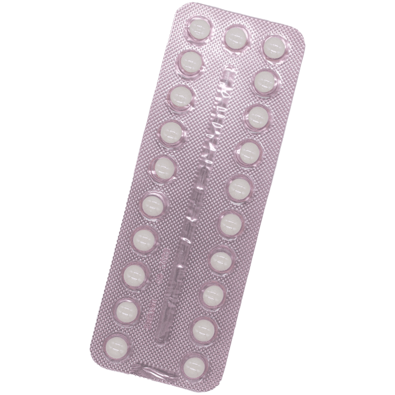 Pink blister pack containing 21 round white tablets