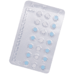 Silver Synphase blister pack containing 12 light blue tablets and 9 white tablets