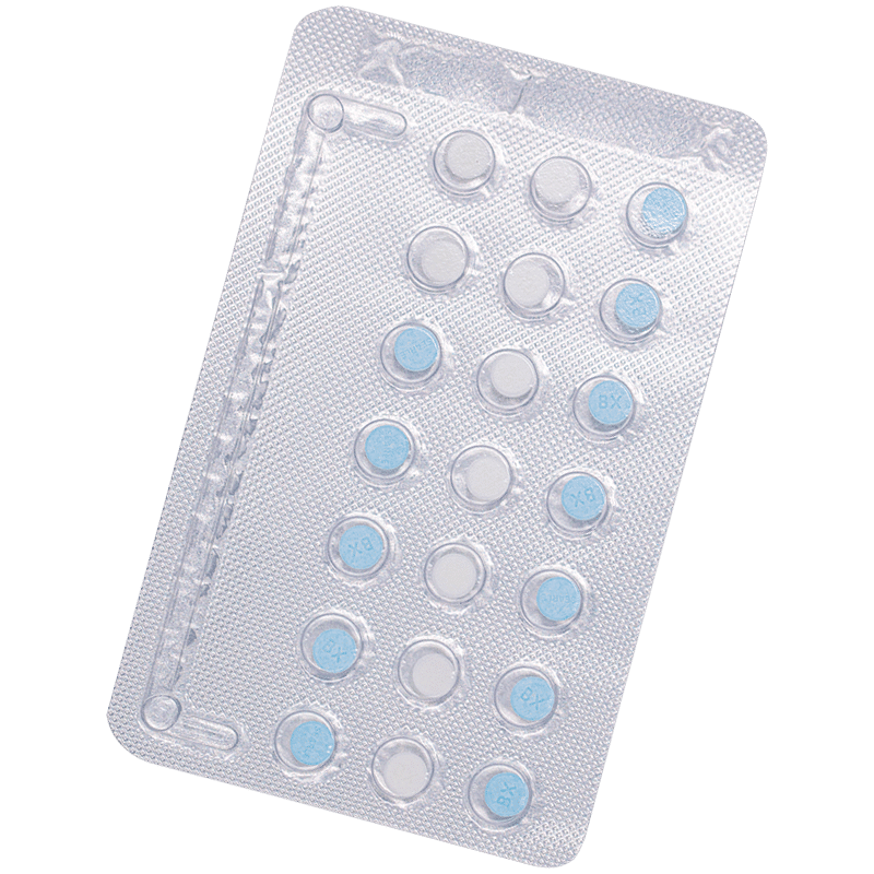 Silver Synphase blister pack containing 12 light blue tablets and 9 white tablets
