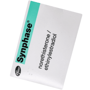 White and green box of Synphase tablets
