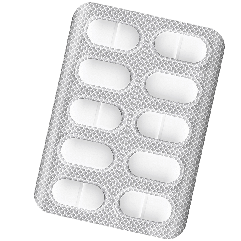 Silver blister pack containing 10 long white tablets