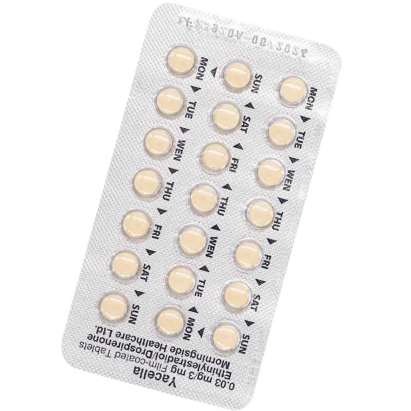 Silver Yacella blister pack containing 21 round yellow tablets labelled with days of the week