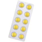 Silver blister pack containing 10 round yellow tablets