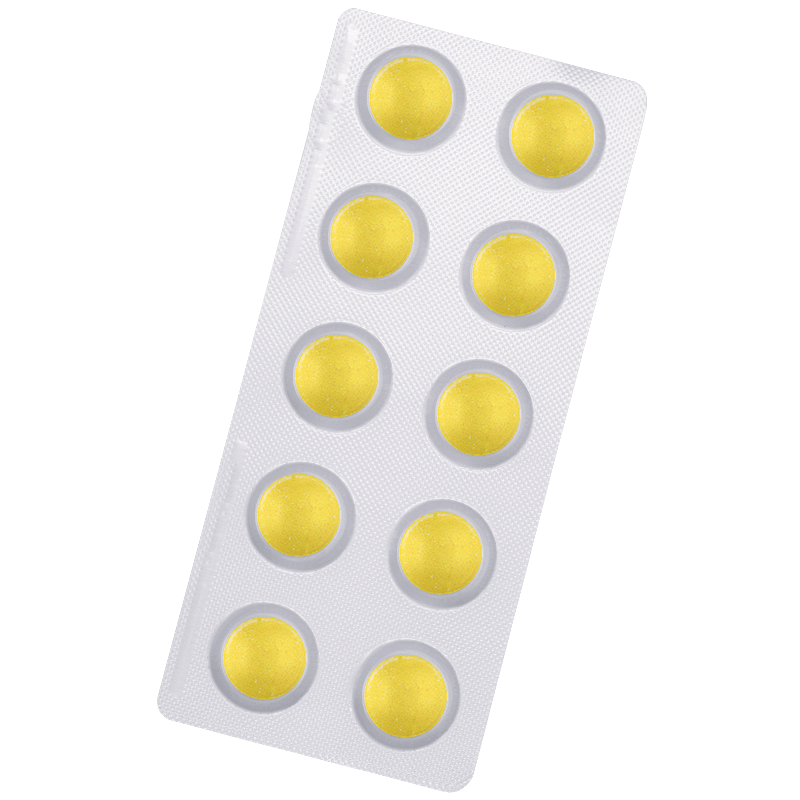 Silver blister pack containing 10 small round yellow tablets