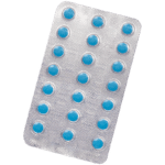 Silver blister pack containing 21 small round blue tablets