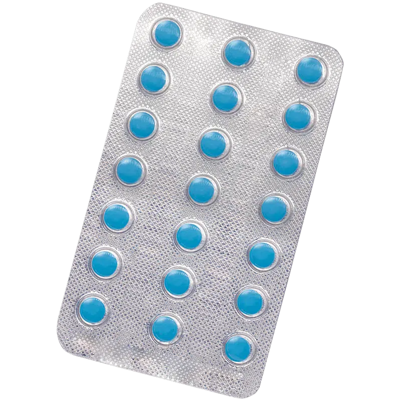 Silver blister pack containing 21 small round blue tablets