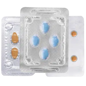 Three different blister packs showing 4 Viagra tablets, 2 Cialis tablets and 2 Levitra tablets