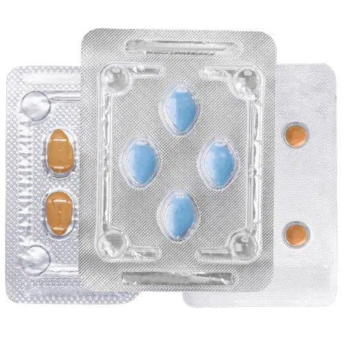 Three different blister packs showing 4 Viagra tablets, 2 Cialis tablets and 2 Levitra tablets