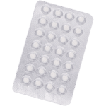 Silver blister pack containing 28 small round white tablets