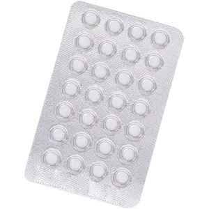 Silver blister pack containing 28 small round white tablets