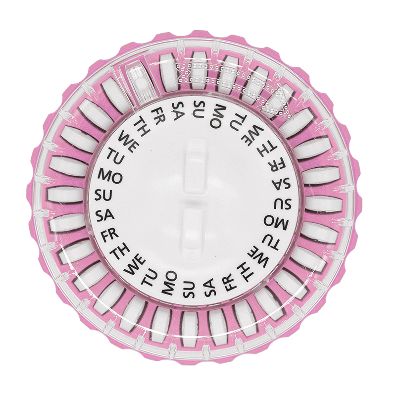 Round pink tablet dispenser with tablets labelled with days of the week