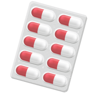 Silver blister pack containing 10 red and white capsules