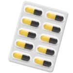 Silver blister pack containing 10 black and yellow capsules