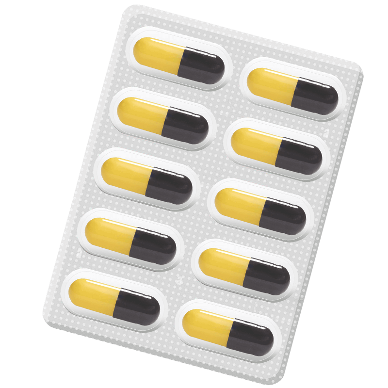 Silver blister pack containing 10 black and yellow capsules