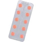 Silver blister pack containing 10 round salmon coloured tablets