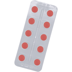 Silver blister pack containing 10 round red tablets