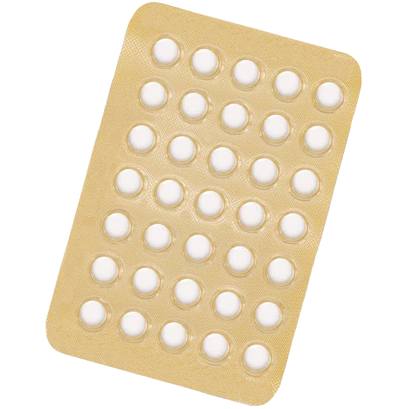 Yellow blister pack containing 35 small white tablets