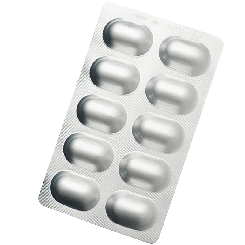 Silver blister pack containing 10 oval capsules