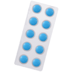 Silver blister pack containing 10 round blue tablets