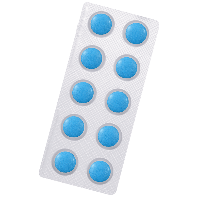 Silver blister pack containing 10 round blue tablets