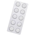 Silver blister pack containing 10 round white tablets