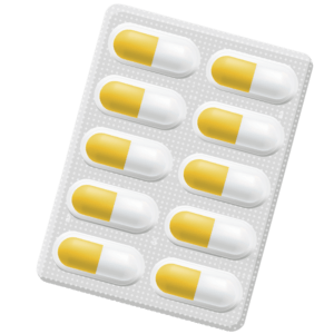 Silver blister pack containing 10 yellow and white capsules