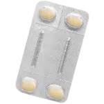 Silver blister pack containing 4 yellow oval tablets