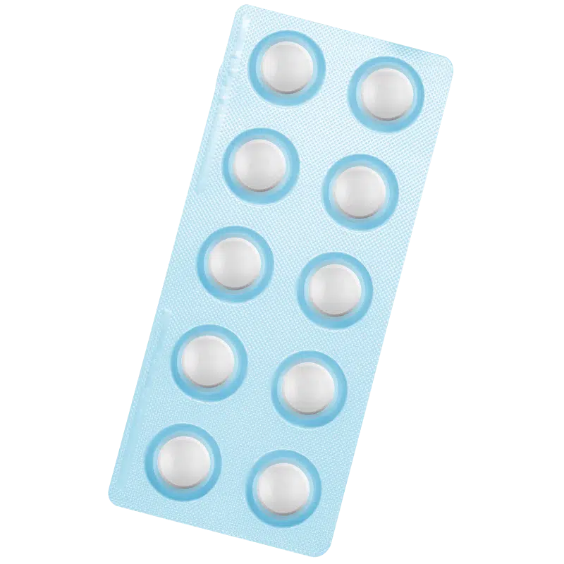 Light blue blister pack containing 10 round white tablets