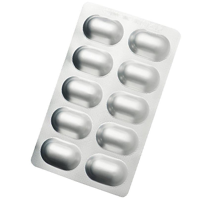 Silver blister pack with 10 capsules