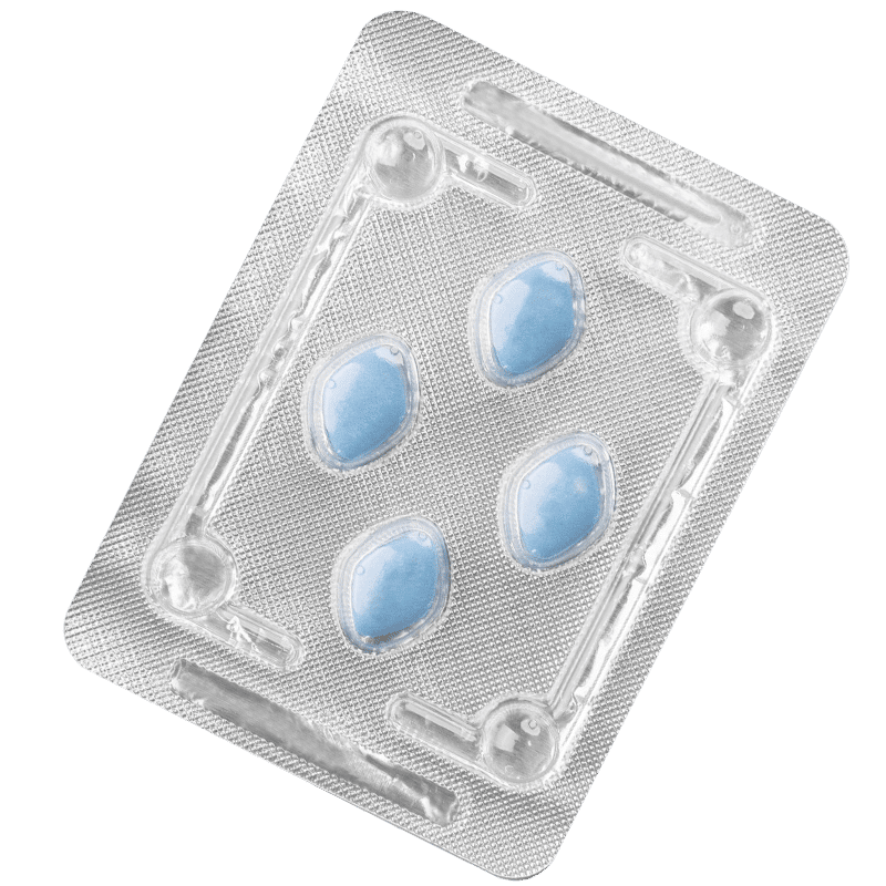 Silver blister pack containing 4 diamond shaped blue Viagra pills