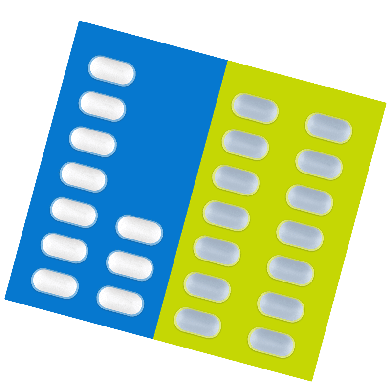 Yellow and blue blister pack containing 24 white pills