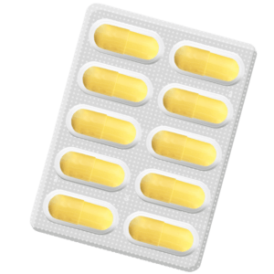 Silver blister pack containing 10 yellow capsules